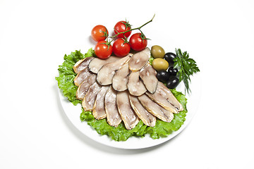 Image showing slices smoked fish and vegetables