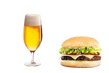Image showing cheeseburger and golden beer