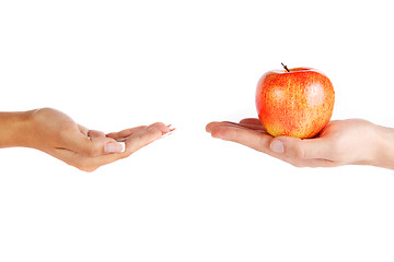 Image showing Mans hand is giving an apple to the women hand