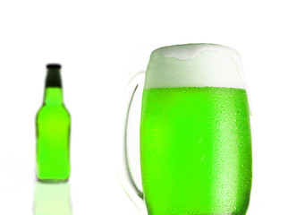 Image showing green beer. glass and bottle