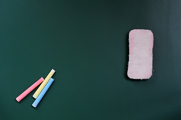 Image showing Blank blackboard with eraser and chalk