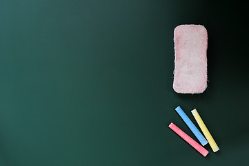 Image showing Blank blackboard with eraser and chalk