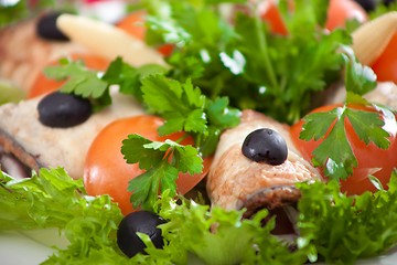 Image showing stuffed eggplants and salad with tomatoes and olives