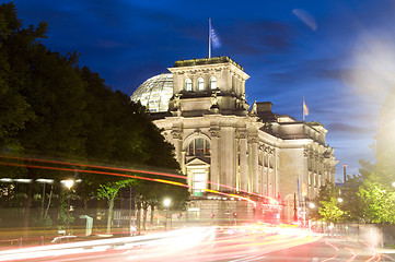 Image showing The Reichstag Parliament building night car light streaks Berlin