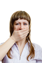 Image showing young girl covers her mouth with his hands