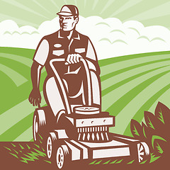 Image showing Gardener Landscaper Riding Lawn Mower Retro