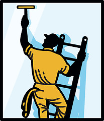 Image showing Window Cleaner Worker Cleaning Ladder Retro