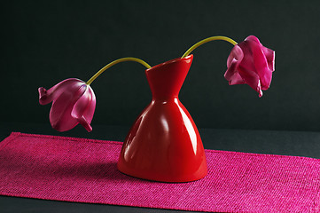 Image showing pink tulips in a vase on a black background 
