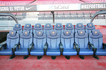 Image showing BARCELONA, SPAIN - APRIL 26: Players seats of Barcelona FC in Ca