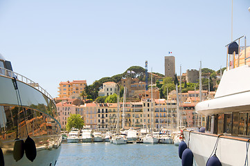 Image showing  Old City between two yachts Cannes French Riviera Cote d'Azur  