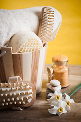 Image showing Set of spa accessories on wooden background 