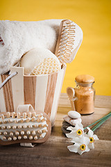 Image showing Set of spa accessories on wooden background 