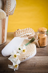 Image showing Set of spa accessories on wooden background 