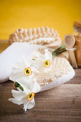 Image showing Set of spa accessories on wooden background 