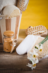 Image showing Set of spa accessories on wooden background 