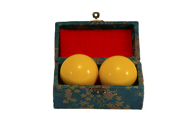 Image showing Yellow pool balls in vintage retro box isolated 