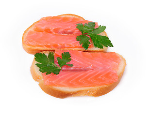 Image showing Sandwiches with red fish jn a white background