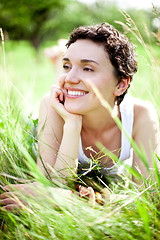 Image showing girl on green field 