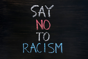 Image showing Say no to racism written on a smudged blackboard background