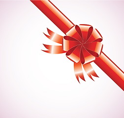 Image showing red realistic bow with a ribbon, greeting background 