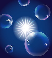 Image showing sun in blue sky with bubbles, illustration