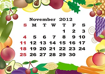 Image showing November - monthly calendar 2012 in colorful frame