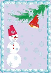 Image showing snowman at the christmas on the violet background with a bell