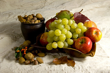 Image showing  Grapes nuts and apples