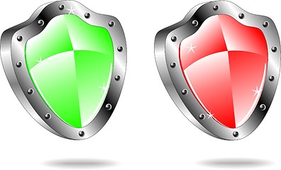Image showing Glossy shield emblem icons in red and green colors