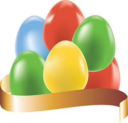 Image showing Colored eggs with gold ribbon, easter background 