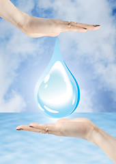 Image showing hands holding water drop, environmental protection