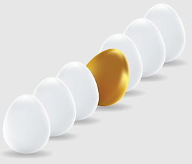 Image showing One gold egg and white easter eggs 