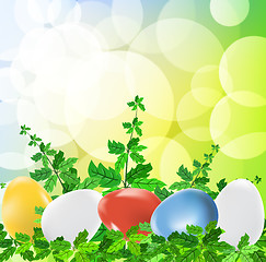 Image showing Colored easter eggs on green background with grass 