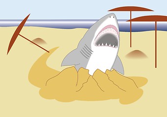 Image showing shark  with open mouth  is coming out to the beach