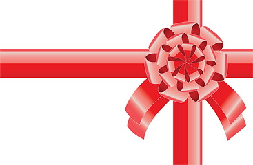 Image showing red realistic bow with a ribbon, greeting background 