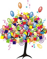 Image showing cartoon party tree with baloons, gifts, boxes for happy  event and holiday 
