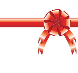 Image showing red realistic bow with a ribbon, greeting background 