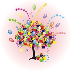 Image showing cartoon party tree with baloons, gifts, boxes for happy  event and holiday 