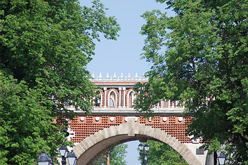 Image showing Bridge at the summer. Palace of queen Ekaterina in  Moscow. Zarizino (Tsaritsino, tsaritsyno, tsaritsino)