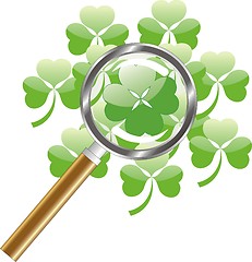 Image showing luck search -  four leaf of clover or shamrock under  magnifying glass 