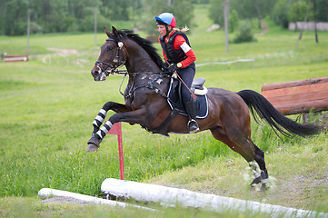 Image showing Woman eventer on horse is overcomes the open ditch