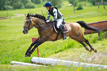 Image showing Eventer on horse is overcomes the open ditch