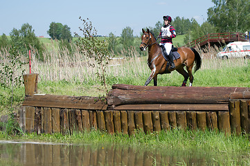 Image showing Eventer on horse is Drop fence in Water jump