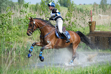 Image showing Woman eventer on horse is run in Water jump