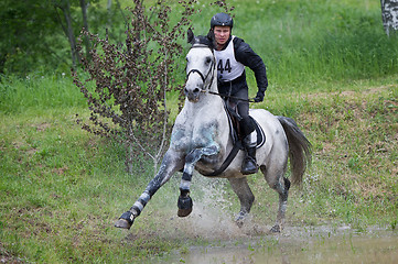 Image showing Eventer on horse is overcomes the Water jump