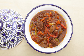 Image showing Moroccan beef tagine from above