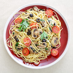 Image showing Liguine and mushroom pasta from above