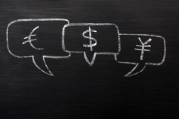 Image showing Three speech bubbles for Euro, dollar and yuan