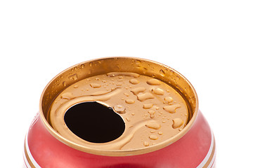 Image showing Red aluminum can closeup with water drops