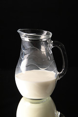 Image showing Glass jug with milk on black background